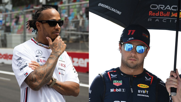 Lewis Hamilton and Sergio Perez split image