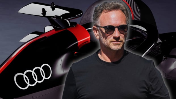 Horner in black t-shirt and sunglasses with background of Audi F1 car close-up — Photo: © IMAGO