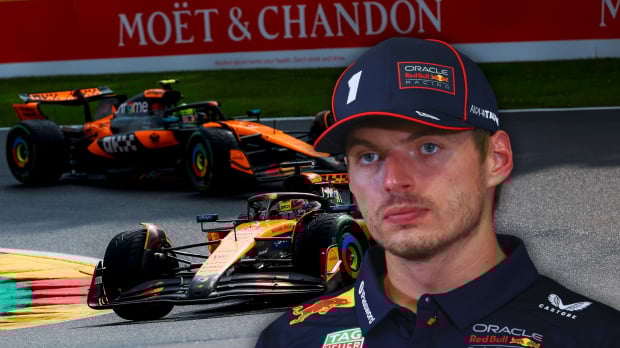 Composite image of Verstappen overlooking two McLaren cars on track