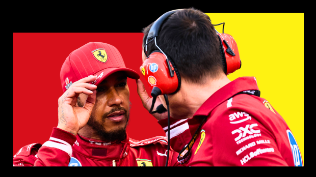 Hamilton looking annoyed facing Adami who has his back to the camera with edited red, yellow and black block background