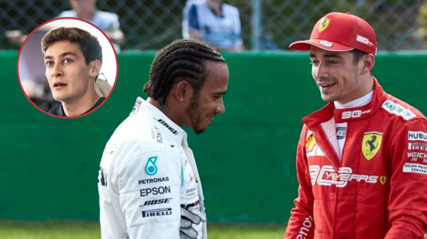 George Russell inset over Lewis Hamilton, Charles Leclerc
