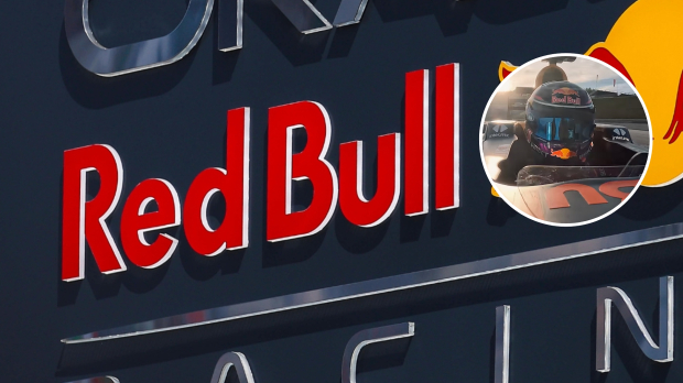 Kalle Rovanpera driving a Red Bull F1 car with the team logo as a background