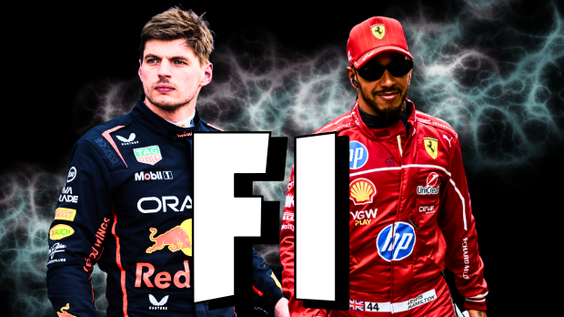 Max Verstappen and Lewis Hamilton stand behind an F1 logo in Fortnite font