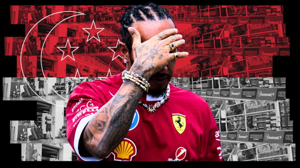 Hamilton looking ashamed in front of a Singapore flag-themed background