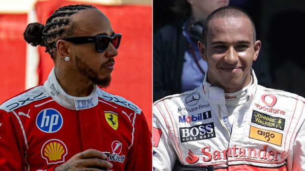 Lewis Hamilton (L) at Ferrari in 2026 looks over at Lewis Hamilton (R) at McLaren in 2006