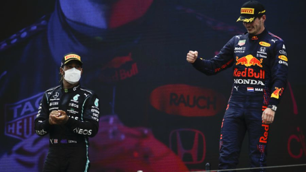Lewis Hamilton and Max Verstappen on the podium in France