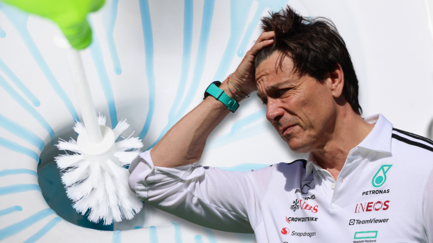 Toto Wolff looks on anxiously at a toilet being cleaned in a composite picture