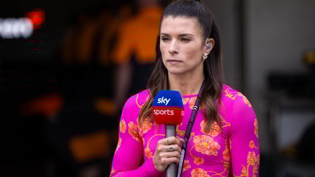 Danica Patrick holds a Sky Sports F1 mic