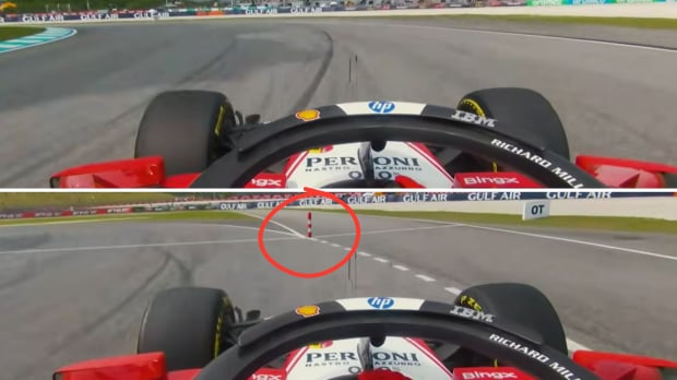 Charles Leclerc is forced to avoid the orange bollard (circled) after running wide at the final corner