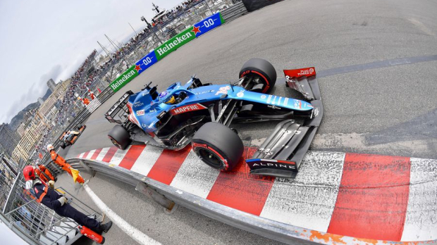Alonso driving his Alpine in Monaco
