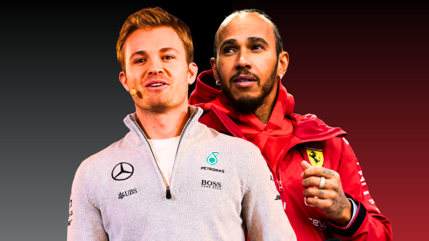 Lewis Hamilton of Ferrari is pictured alongside Nico Rosberg of Mercedes