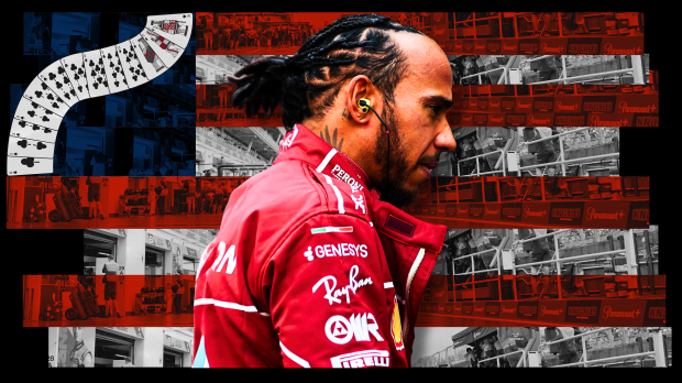 Hamilton looking sideways with a serious expression in front of an edited Vegas-themed F1 background