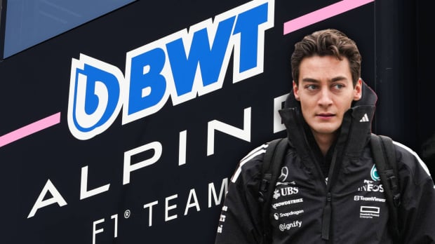Alpine F1 team name sign with a concerned George Russell edited over the top in Mercedes kit