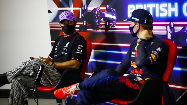 Lewis Hamilton and Max Verstappen during press conference