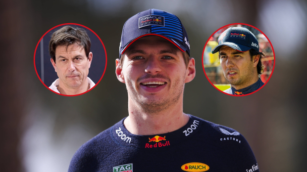 Max Verstappen laughs as Sergio Perez and Toto Wolff look on glumly