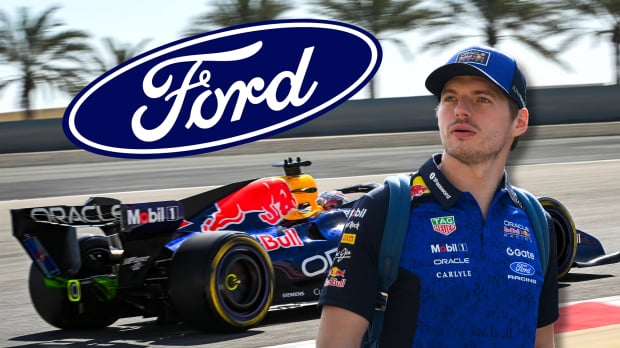 Max Verstappen is pictured with a Red Bull car looking at a Ford logo