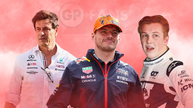 Toto Wolff, Max Verstappen and Liam Lawson