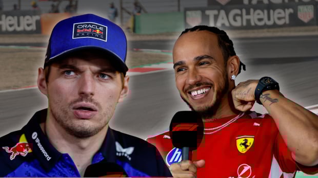 Laughing Lewis Hamilton and annoyed Max Verstappen edited onto a background of the Shanghai International Circuit — Foto: © IMAGO