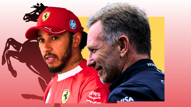 An edited feature image of Lewis Hamilton looking shocked and Christian Horner smiling with a Ferrari logo in the background 