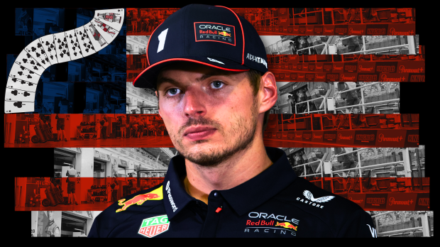 Vegas-themed USA flag background with playing cards and Verstappen looking grumpy