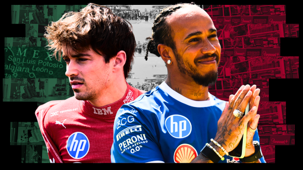 Leclerc in red Ferrari kit looking concerned, Hamilton in blue smiling in front of a Mexican flag background
