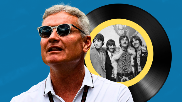 David Coutlhard looks on in front of an inset of The Beatles