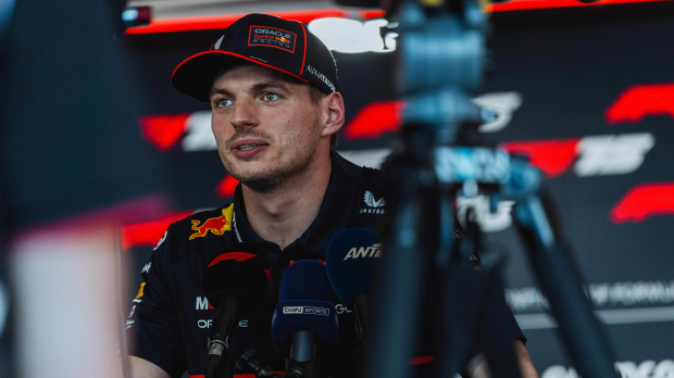 Max Verstappen talking to the press in Imola