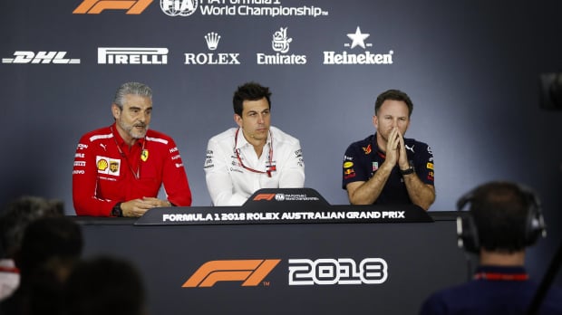 Maurizio Arrivabene, left, alongside Toto Wolff and Christian Horner in 2018