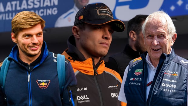 Helmut Marko (right) and Max Verstappen (left) laugh at a serious looking Lando Norris (middle)