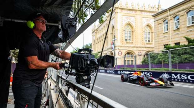 Verstappen driving past camera in Baku