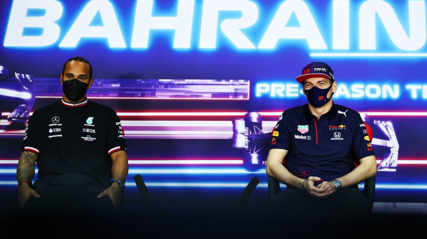 Verstappen and Hamilton during Bahrain Press conference