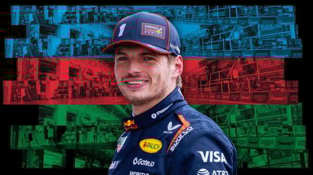 Verstappen in front of Azerbaijan flag themed background