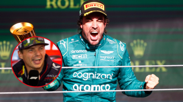 Fernando Alonso celebrates on the podium whilst Max Verstappen laughs 