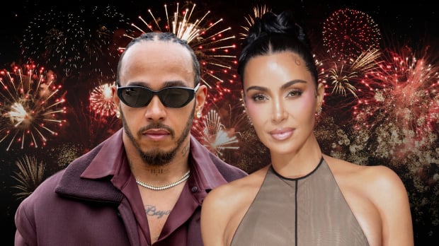 Lewis Hamilton and Kim Kardashian looking glam edited on a background of New Year's Eve fireworks