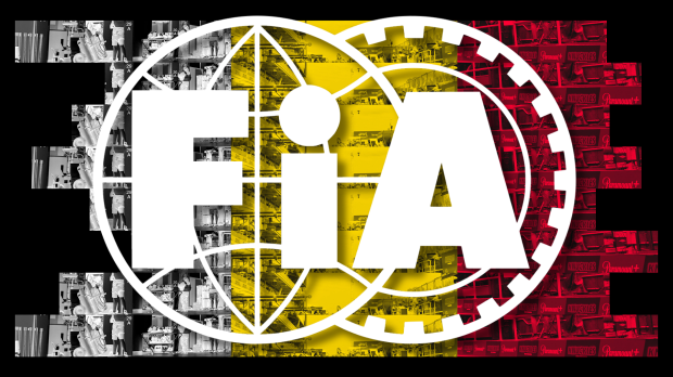 White FIA logo with black, yellow and red Belgian flag background — Foto: © IMAGO