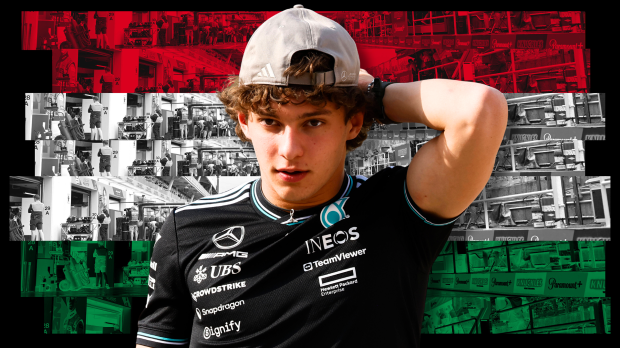 Antonelli with hand on his head wearing a light grey hat and black Mercedes tee with red, white and green Hungarian flag background — Photo: © IMAGO