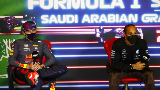Max Verstappen and Lewis Hamilton at the press conference