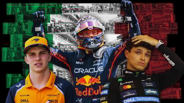 Composite image of Piastri, Verstappen and Norris in front of Italian flag-themed background