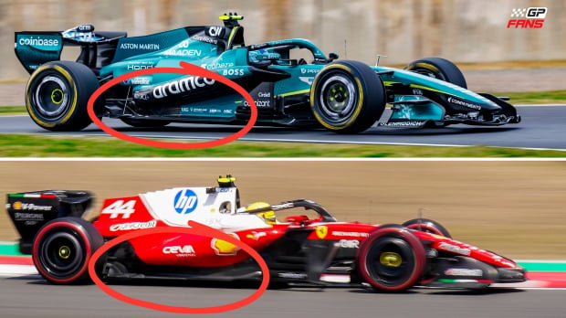 The rear ride height of the Aston Martin (top) is much higher than the Ferrari