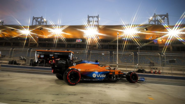 McLaren's Lando Norris pulls out of the garage in Bahrain