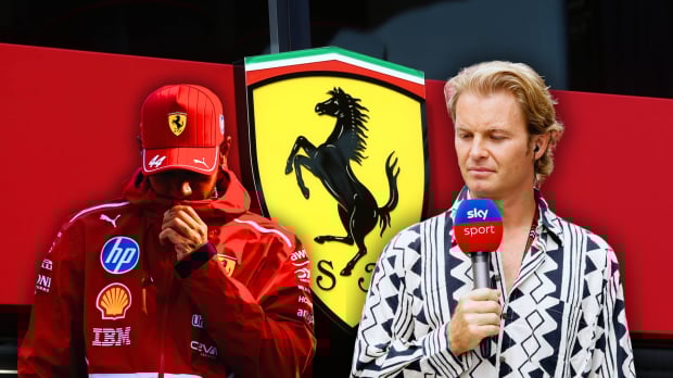 Composite image of Hamilton with Rosberg holding a Sky mic in front of Ferrari logo