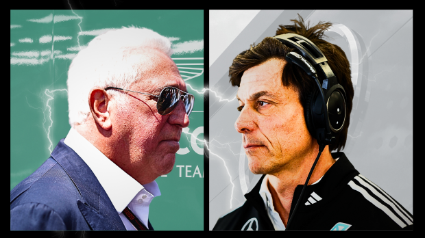 Lawrence Stroll and Toto Wolff face-to-face with lightning background