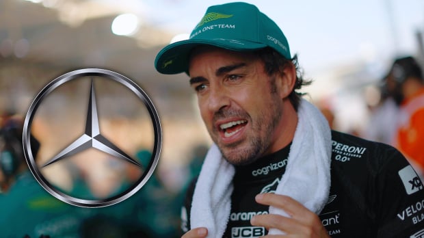 Headshot of Alonso in Aston Martin race suit and cap with Mercedes logo edited to his left