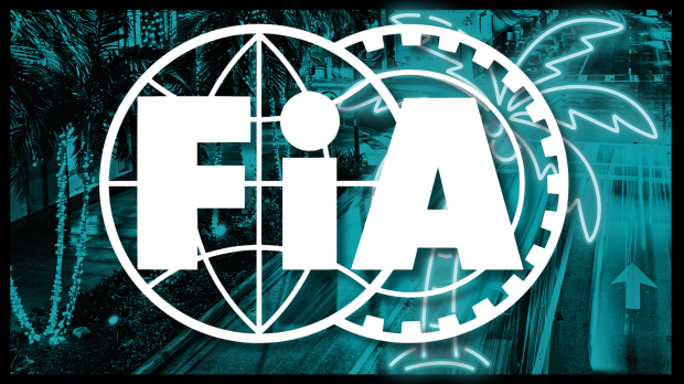 An FIA flag edited on a backdrop of a neon blue Miami palm tree — Foto: © IMAGO x GPFANS