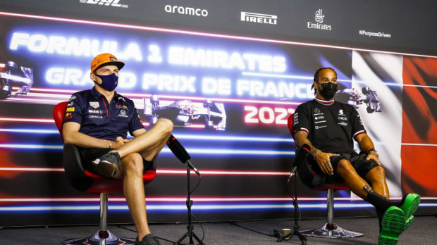 Max Verstappen and Lewis Hamilton during press conference in France