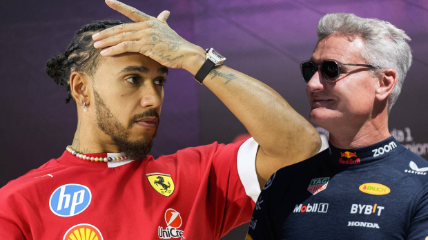Lewis Hamilton looks across at David Coulthard