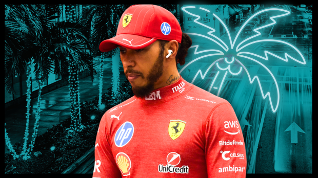 Lewis Hamilton looking sad edited on a backdrop of a neon blue Miami palm tree — Photo: © IMAGO