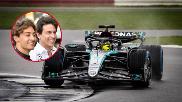 Toto Wolff and George Russell smile as Lewis Hamilton races around a wet track in Mercedes' W15 car