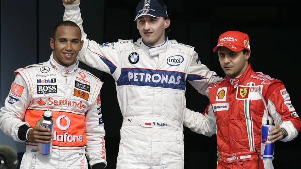 Felipe Massa, Robert Kubica and Lewis Hamilton on the podium at the 2008 Bahrain GP — Photo: © IMAGO