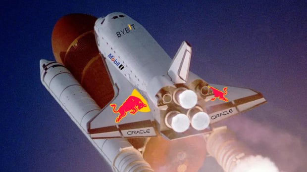 A NASA Space Shuttle with Red Bull Racing branding